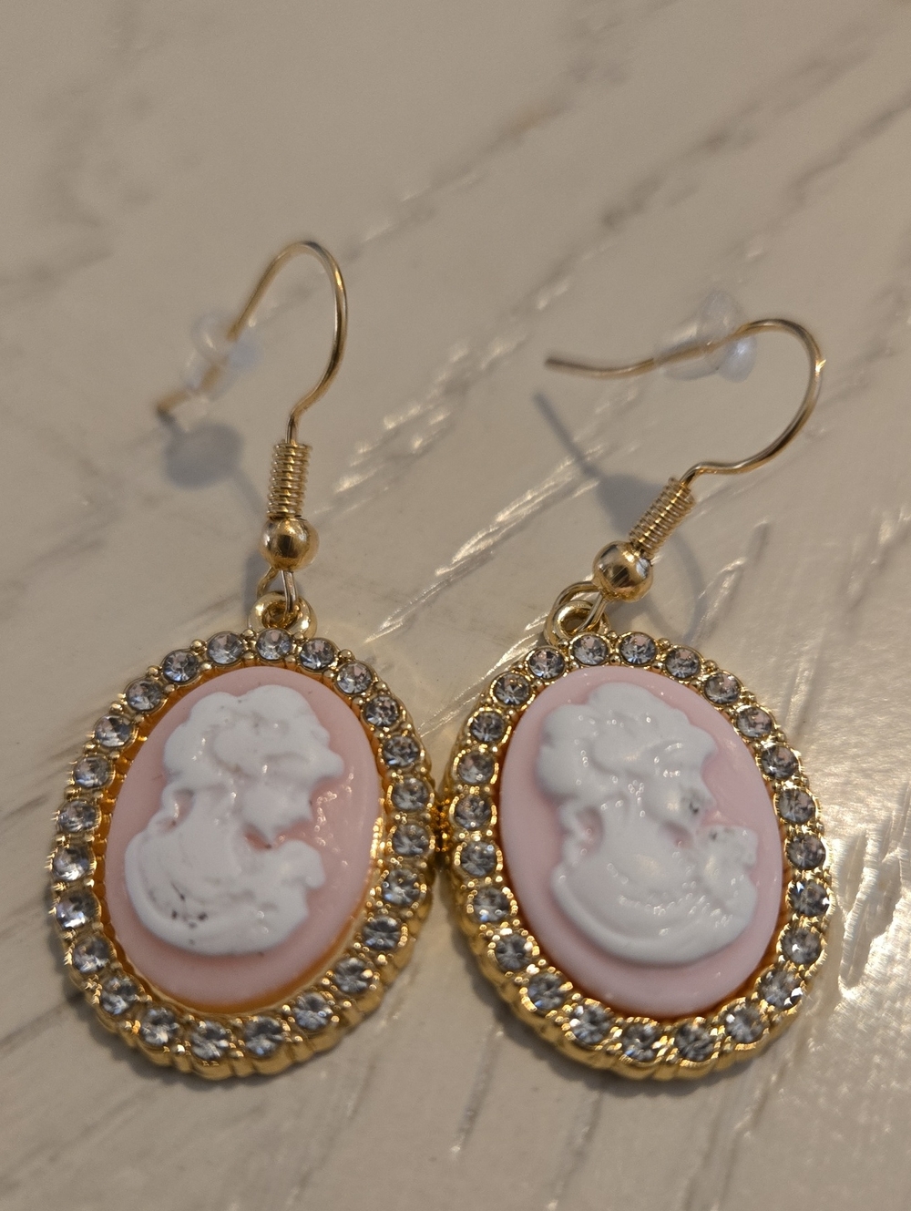 Gold & Baby Pink Cameo Drop Dangle Earrings - Women Jewelry